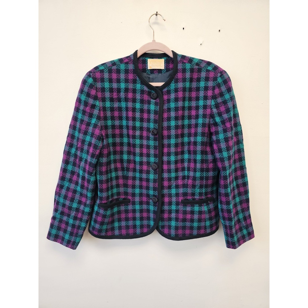 Vintage 80s Pendleton Jacket Womens 14 Plaid Wool Blazer Colorful Retro